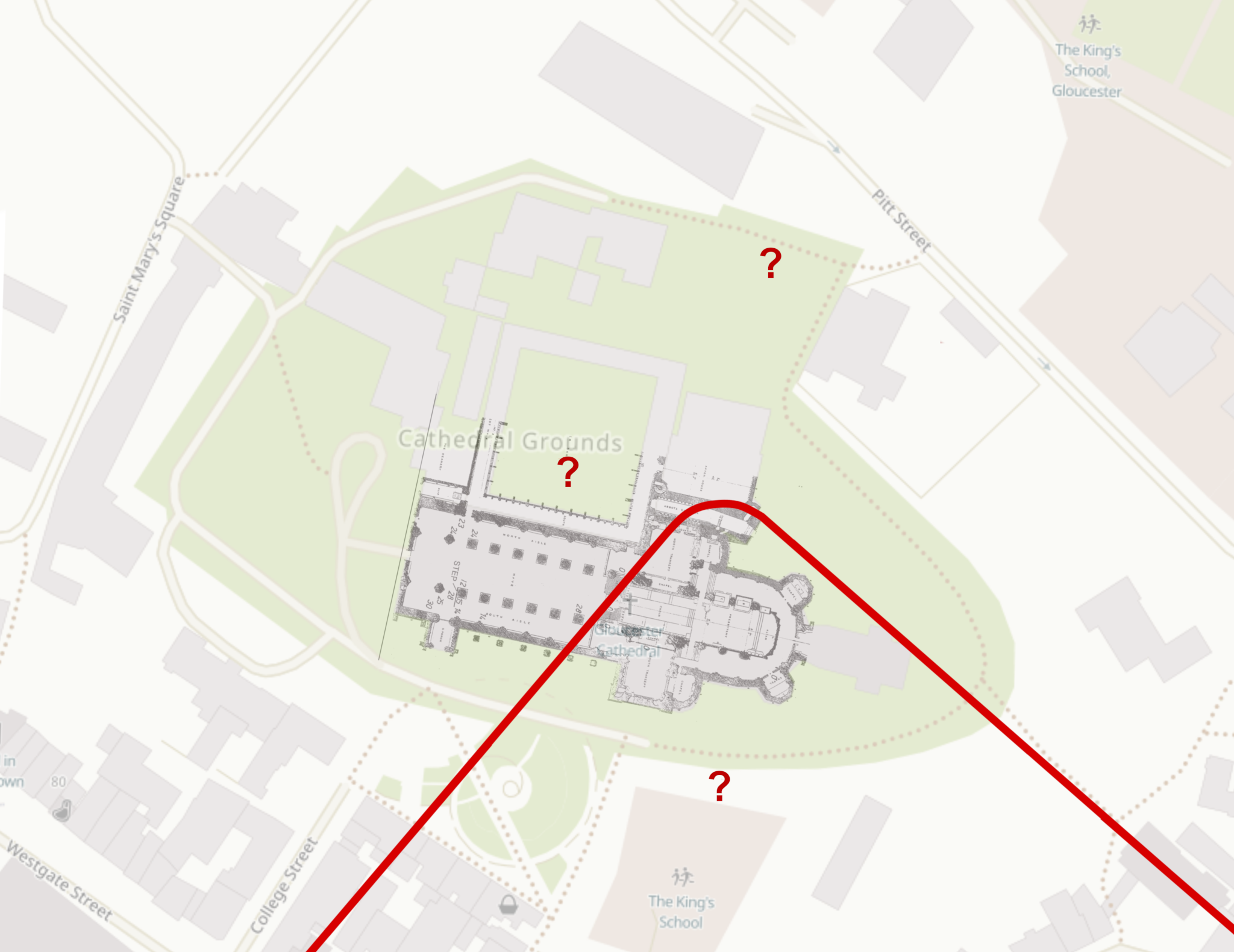 Line of the Roman wall in the Cathedral precinct and possible ? locations of Osric's earlier abbey